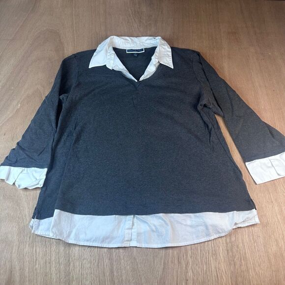 Karen Scott Women’s 1X Layered Look Sweater Top Gray White Cotton - Picture 1 of 5